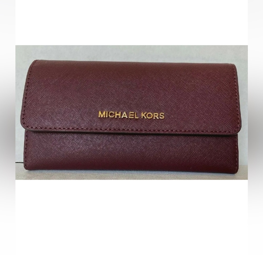 New Michael Kors Jet Set Travel Large Trifold Wallet Leather Merlot